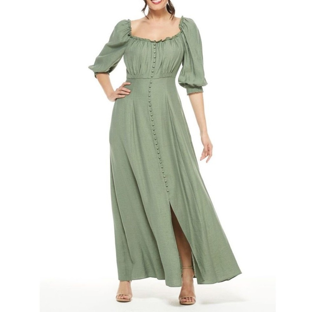 Gal Meets Glam Joanna Maxi Dress Womens 16 Green Ruffle Puff Sleeve Pockets